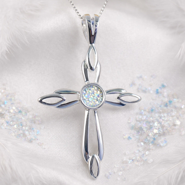 ✨ Eternal Radiance: Sterling Silver & Crushed Opal Memorial Cross Pendant