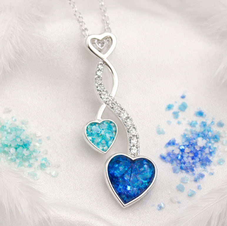 💜 Infinite Embrace: Sterling Silver Double Heart Opal & Ashes Memorial Pendant