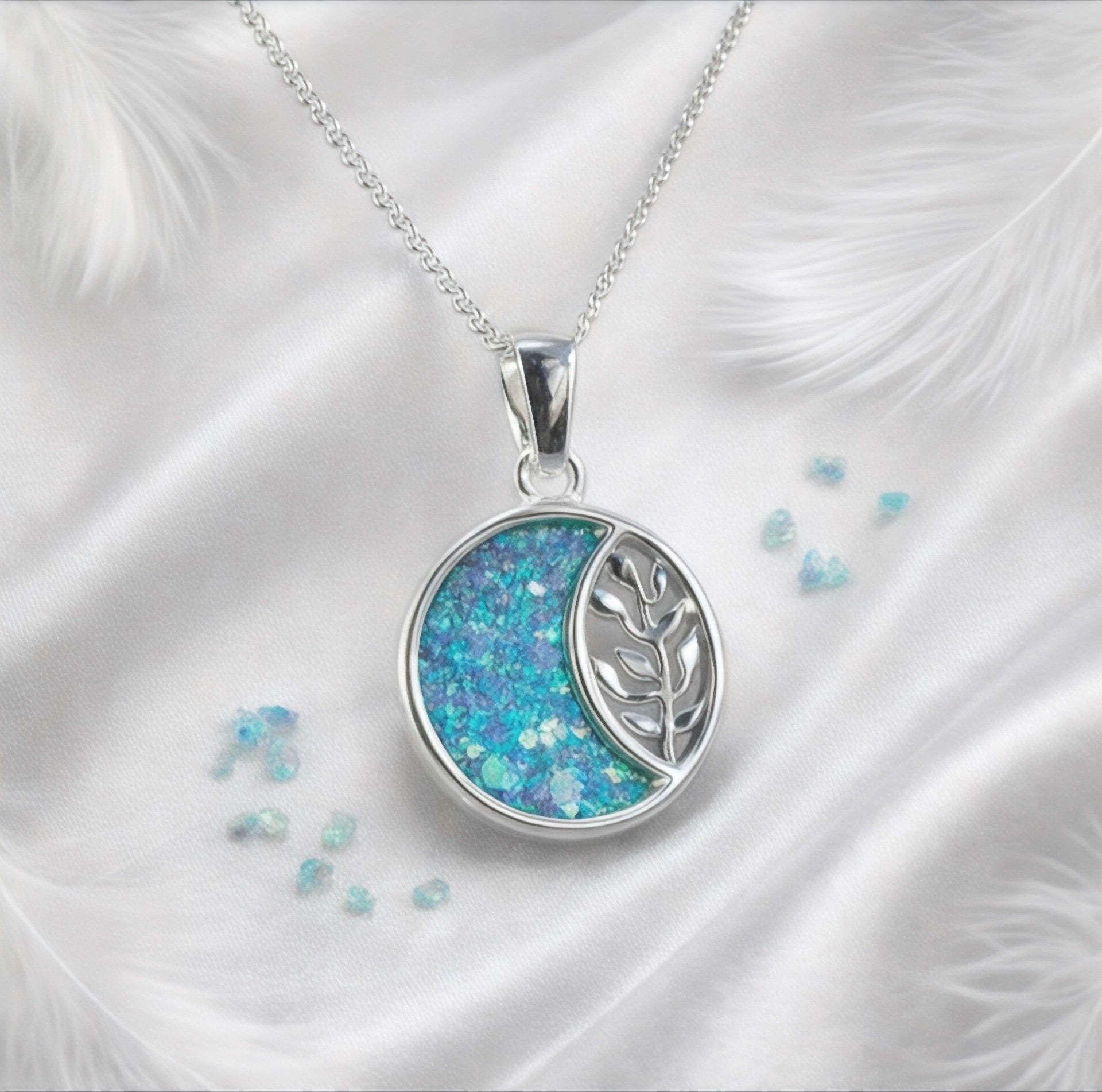 🌙 Eternal Growth: Sterling Silver & Blue Opal Crescent Memorial Pendant 🌿