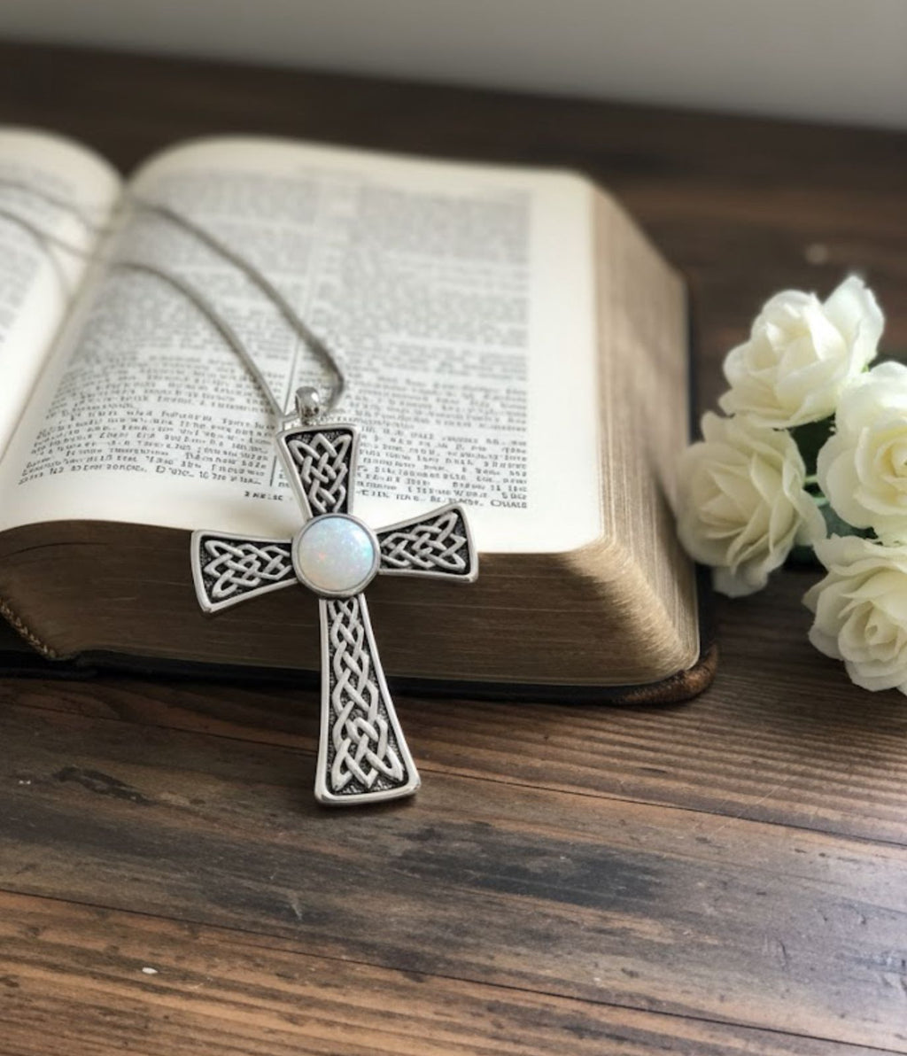✨ Celtic Knotwork Cross Pendant with Opal Inlay