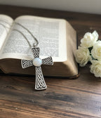 ✨ Celtic Knotwork Cross Pendant with Opal Inlay