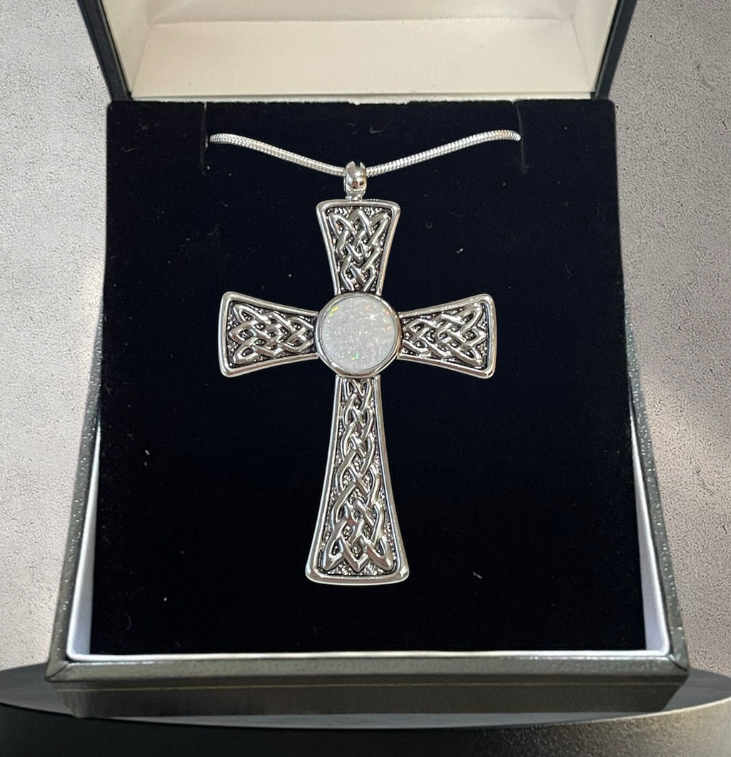 ✨ Celtic Knotwork Cross Pendant with Opal Inlay