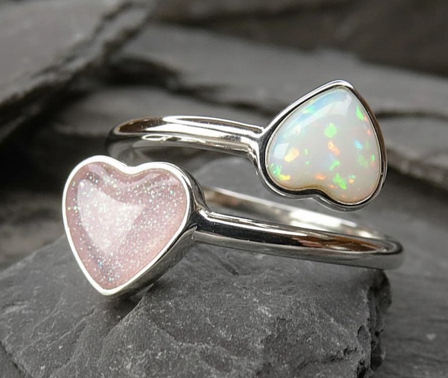 💖 Two Souls Entwined: Heart-Tip Open Opal & Ashes Memorial Ring