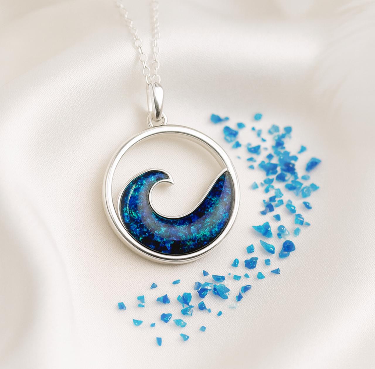 🌊 Eternal Tide: Sterling Silver Opal & Ashes Memorial Wave Pendant