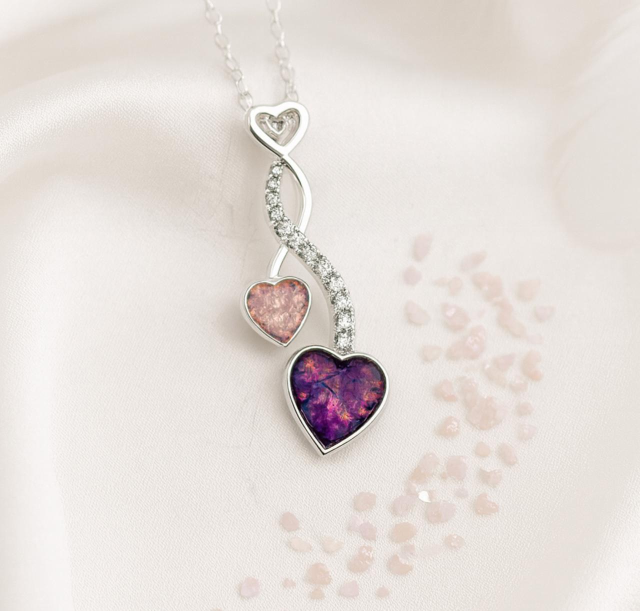 💜 Infinite Embrace: Sterling Silver Double Heart Opal & Ashes Memorial Pendant