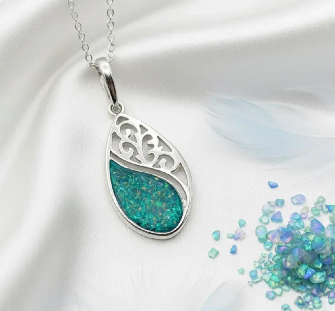 🍃 Serene Haven: Sterling Silver Scrollwork Opal & Ashes Memorial Pendant