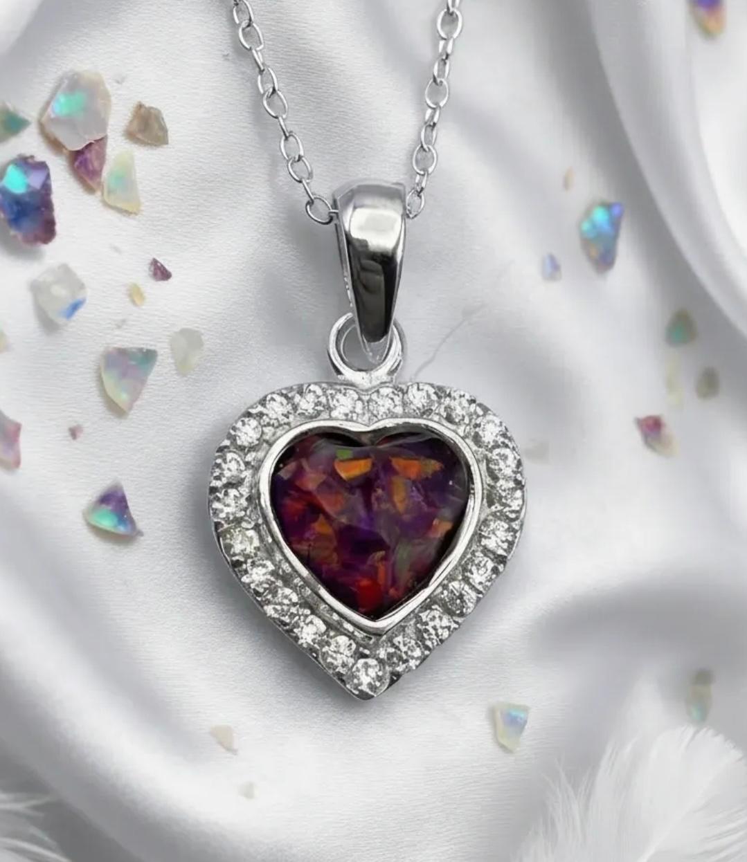 ❤️ Eternal Flame: Sterling Silver Diamond Halo Heart Opal & Ashes Memorial Pendant