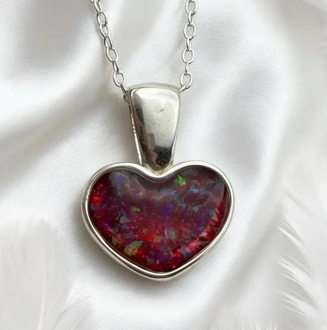 🌹 Crimson Heart: Sterling Silver Bold Opal & Ashes Memorial Pendant
