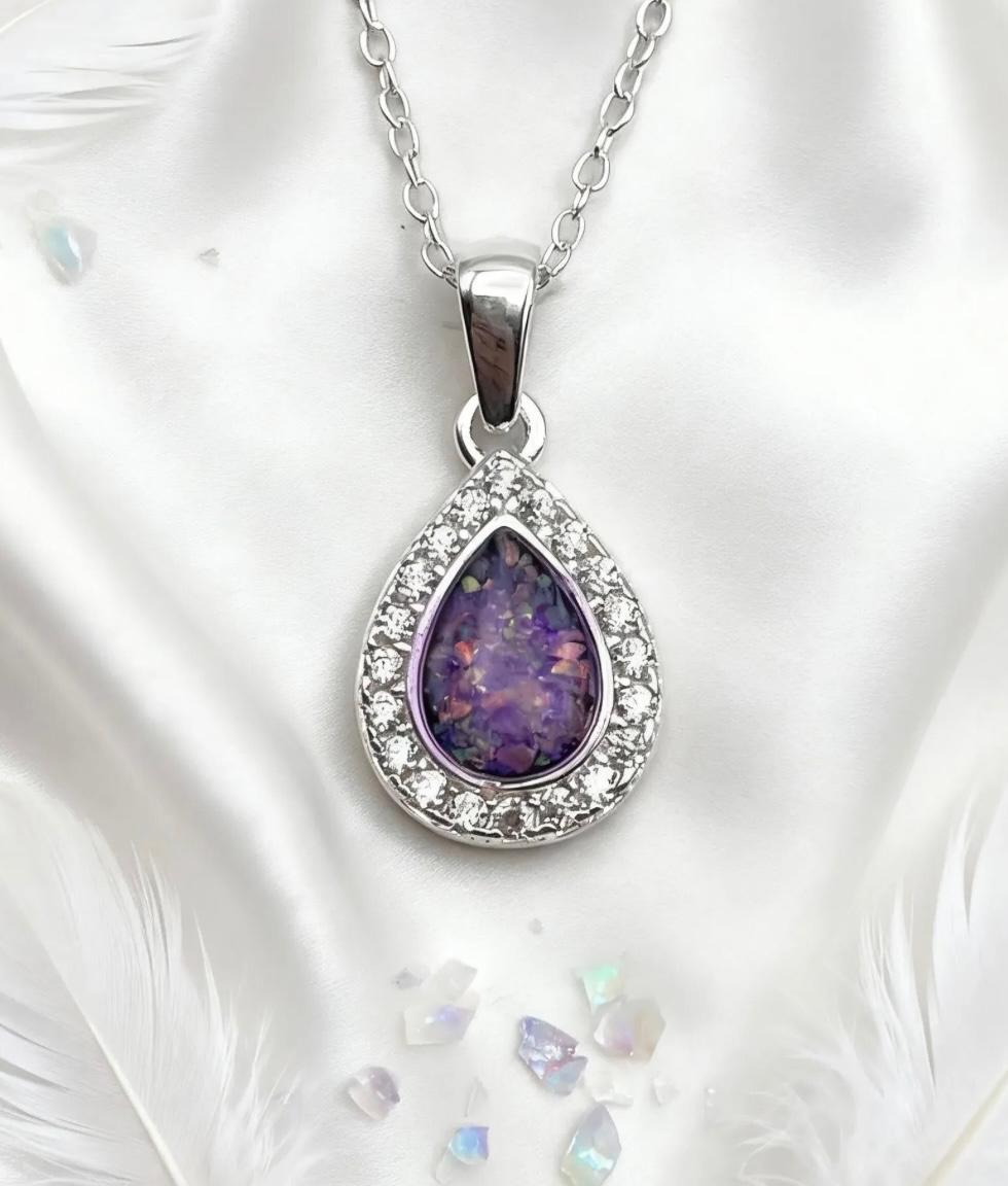💜 Royal Solace: Sterling Silver Teardrop Halo Opal & Ashes Memorial Pendant