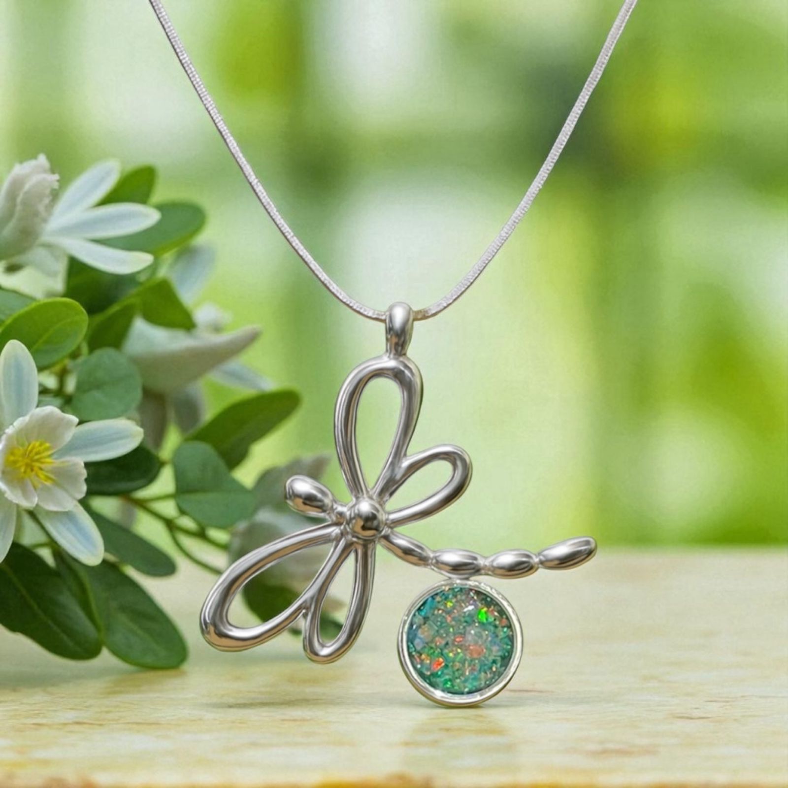 🍃 Nature's Grace: Dragonfly Opal & Ashes Memorial Pendant