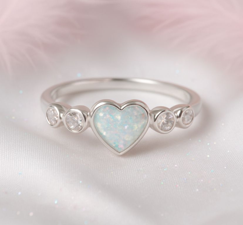 💎 Celestial Purity: Sterling Silver Snow Glitter Opal Memorial Ring