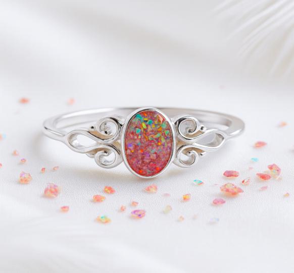 💖 Vine of Remembrance: Sterling Silver Opal Scroll Ring