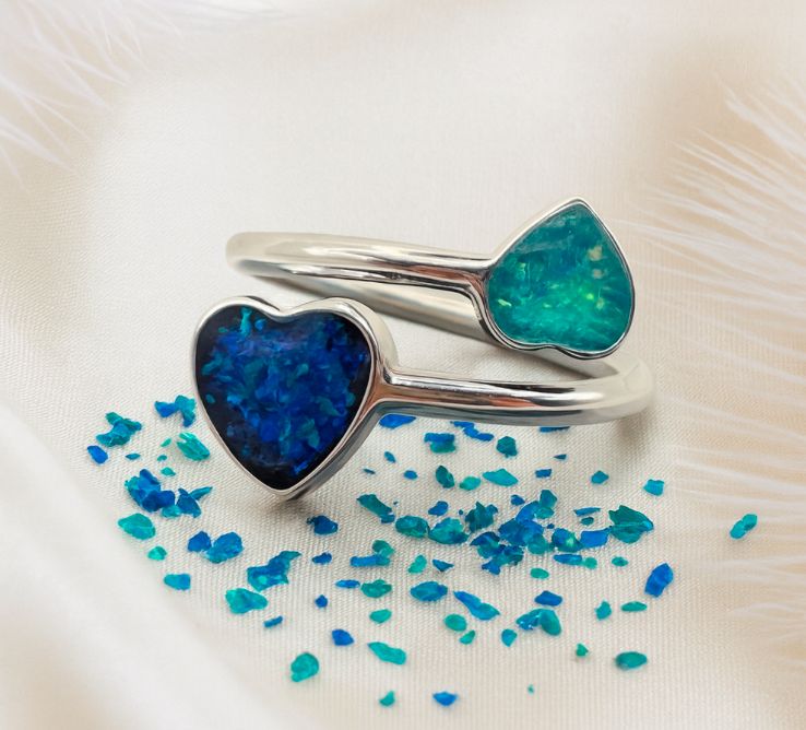 💙 Sterling Silver Dual-Heart Memorial Ring with Crushed Opal
