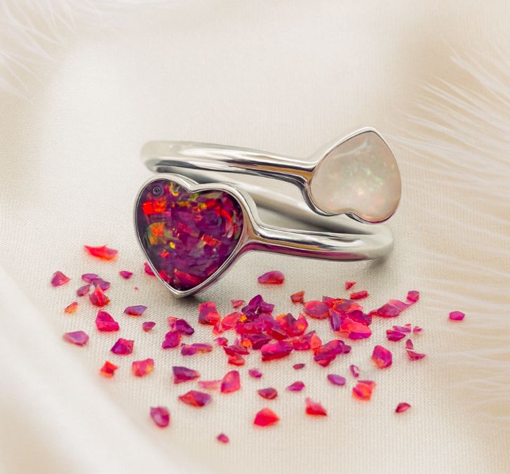 💖 Two Souls Entwined: Heart-Tip Open Opal & Ashes Memorial Ring