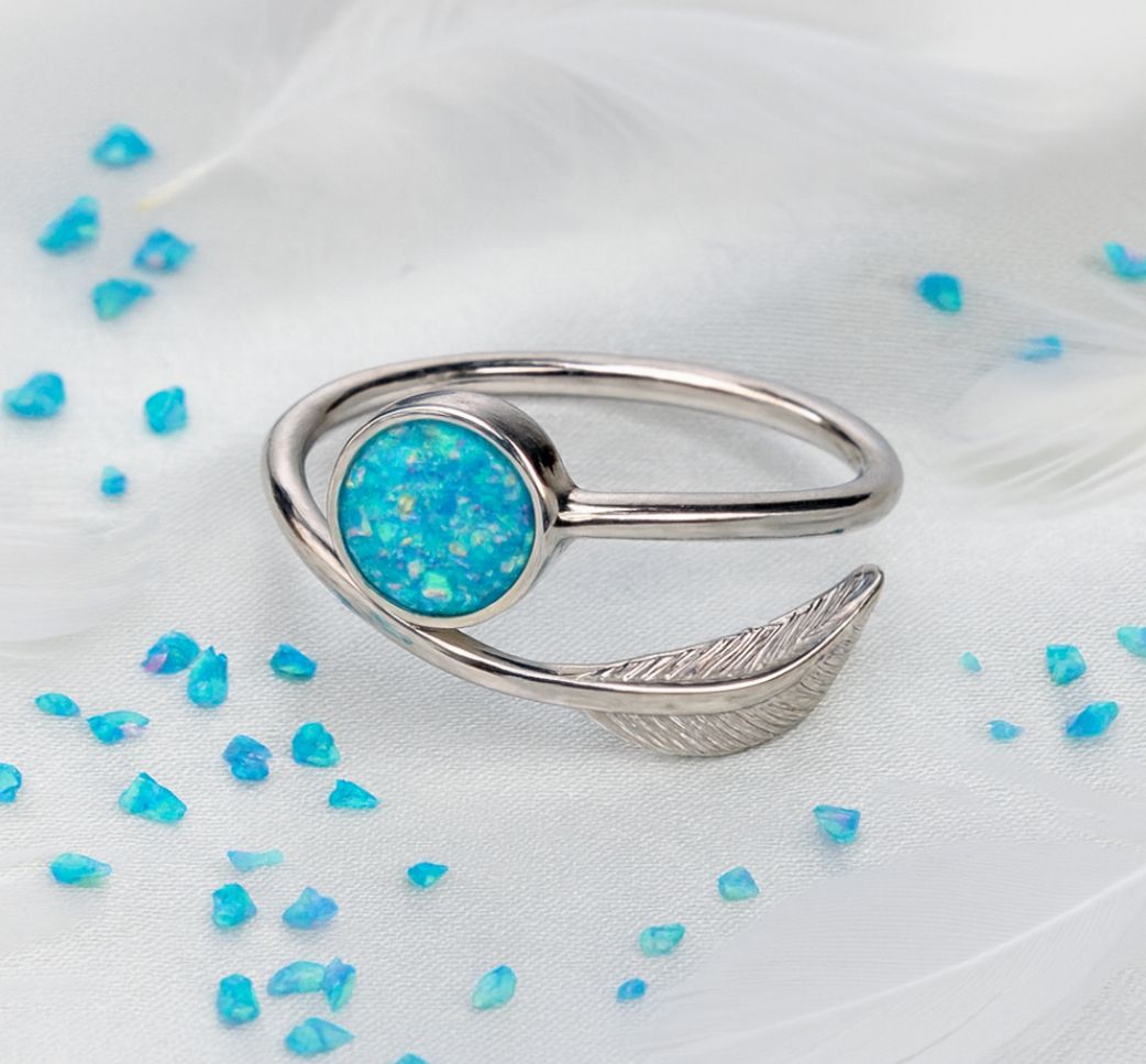 🌟 The Feather of Memory Memorial Ring: Crushed Blue Opal & Sterling Silver