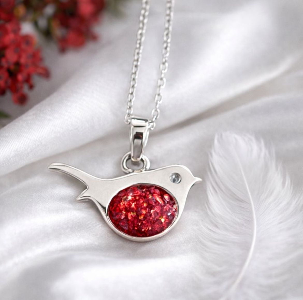 Sterling Silver & Red Crushed Opal Robin Memorial Pendant