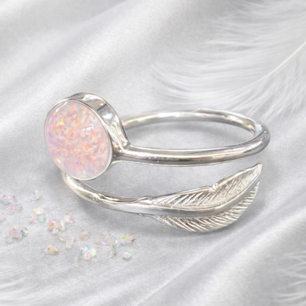 🌟 The Feather of Memory Memorial Ring: Crushed Opal & Sterling Silver