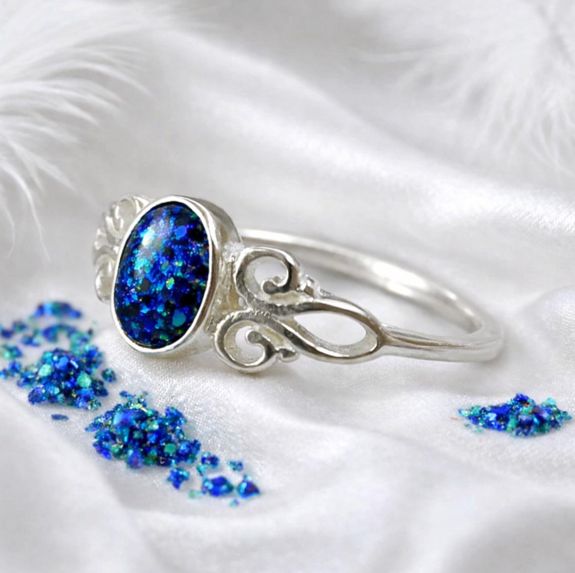 💖 Vine of Remembrance: Sterling Silver Opal Scroll Ring