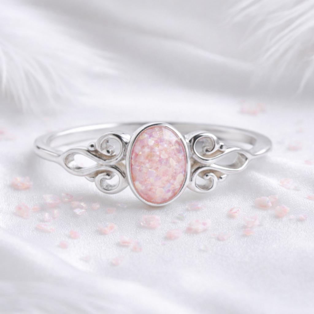 💖 Vine of Remembrance: Sterling Silver Opal Scroll Ring
