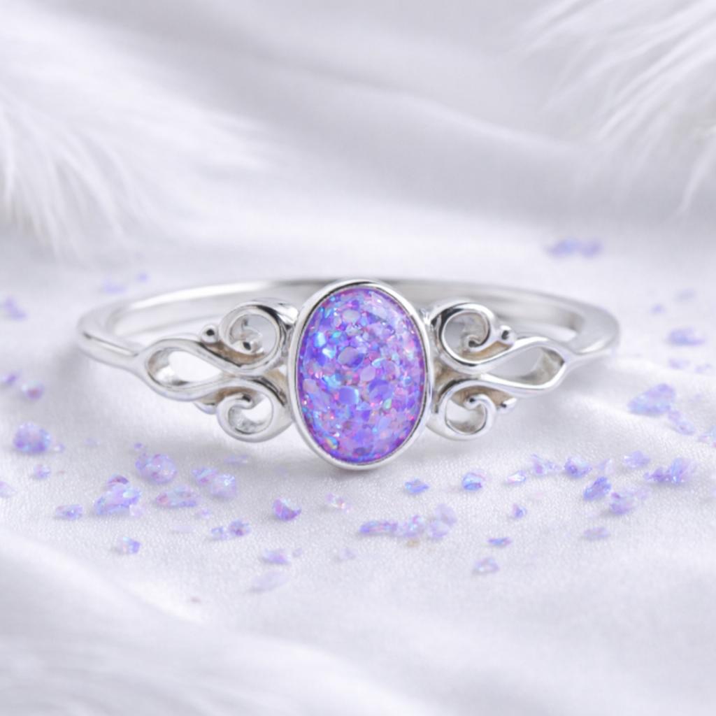 💖 Vine of Remembrance: Sterling Silver Opal Scroll Ring
