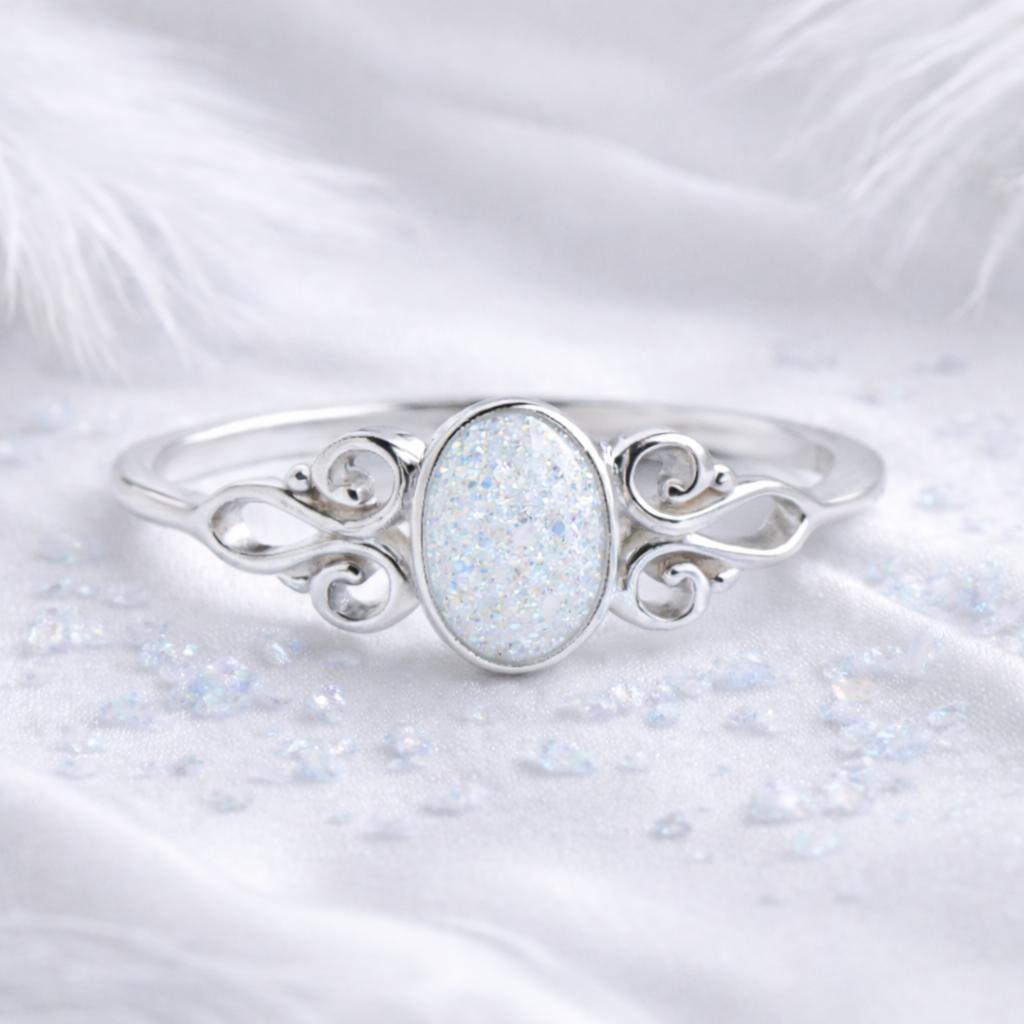 💖 Vine of Remembrance: Sterling Silver Opal Scroll Ring
