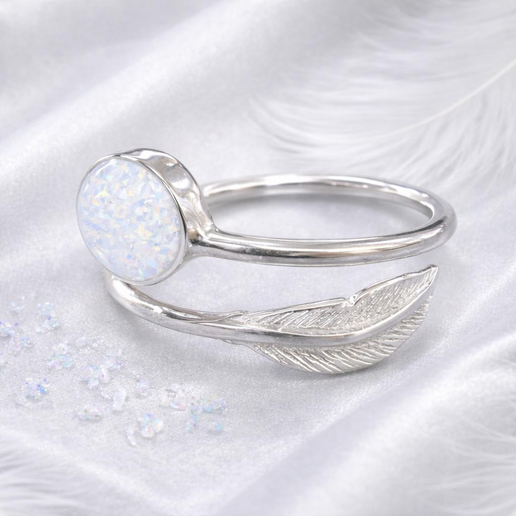 🌟 The Feather of Memory Memorial Ring: Crushed Opal & Sterling Silver