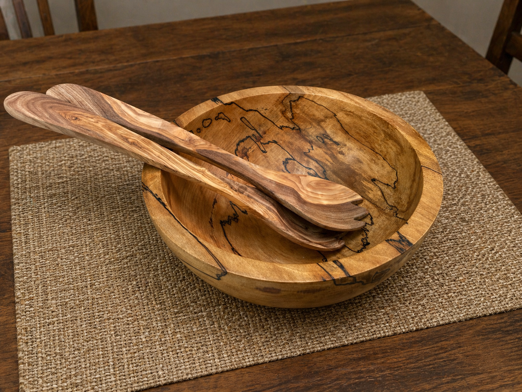 Spalted Beech Salad Bowl & Olive Wood Server Set