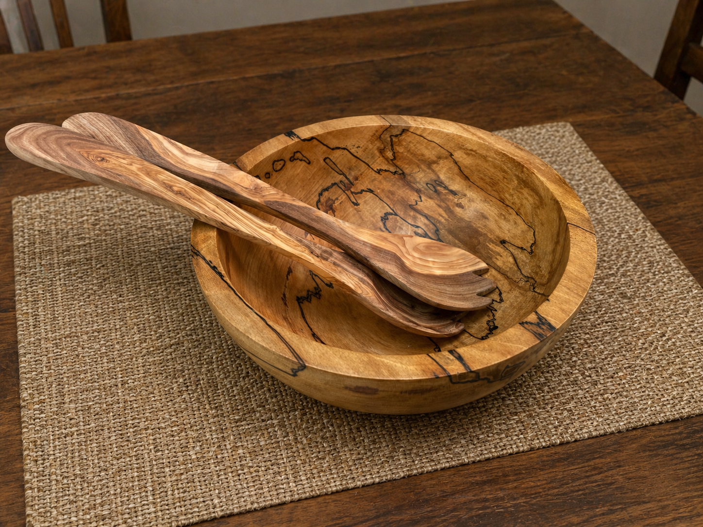 Spalted Beech Salad Bowl & Olive Wood Server Set