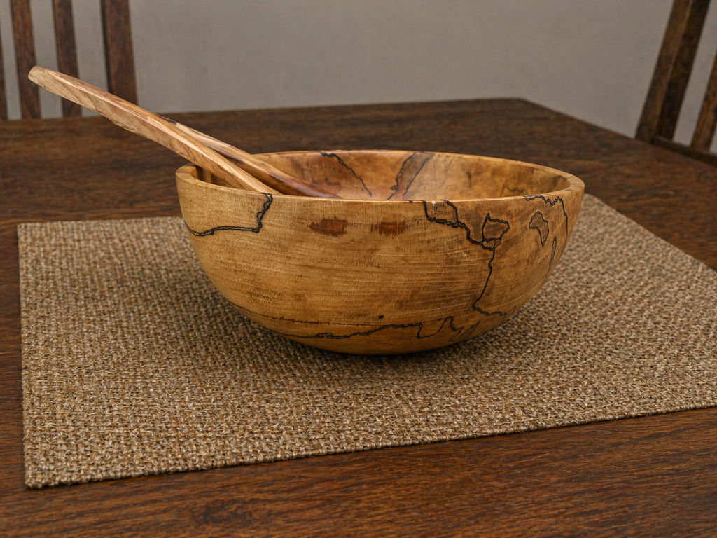 Spalted Beech Salad Bowl & Olive Wood Server Set